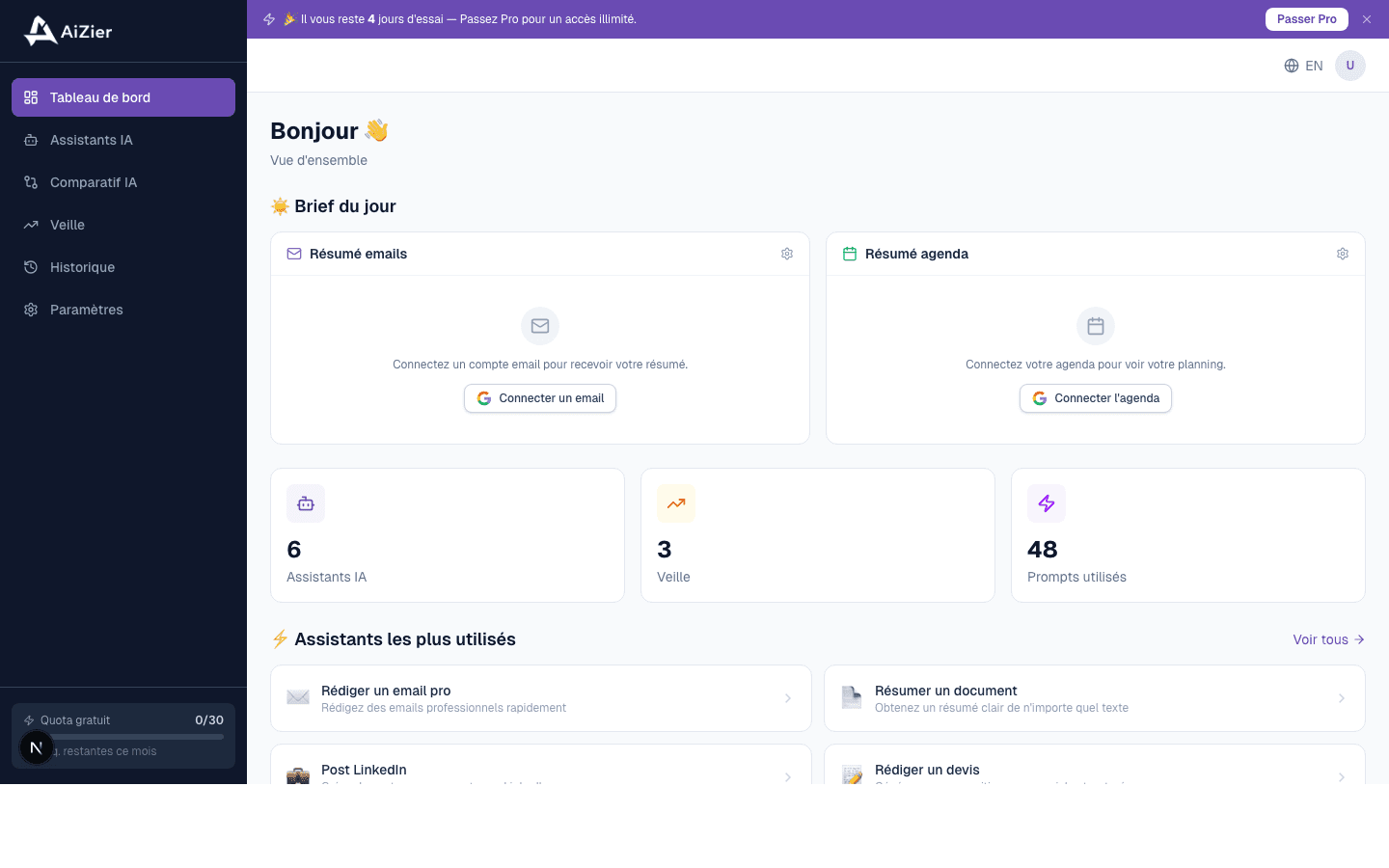 Tableau de bord AiZier